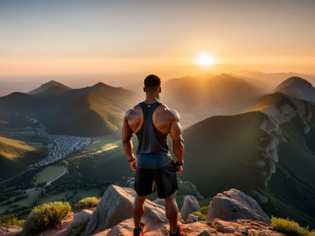 Un atleta profesional en la cima de una montaña, respira profundamente antes de su entrenamiento desafiante