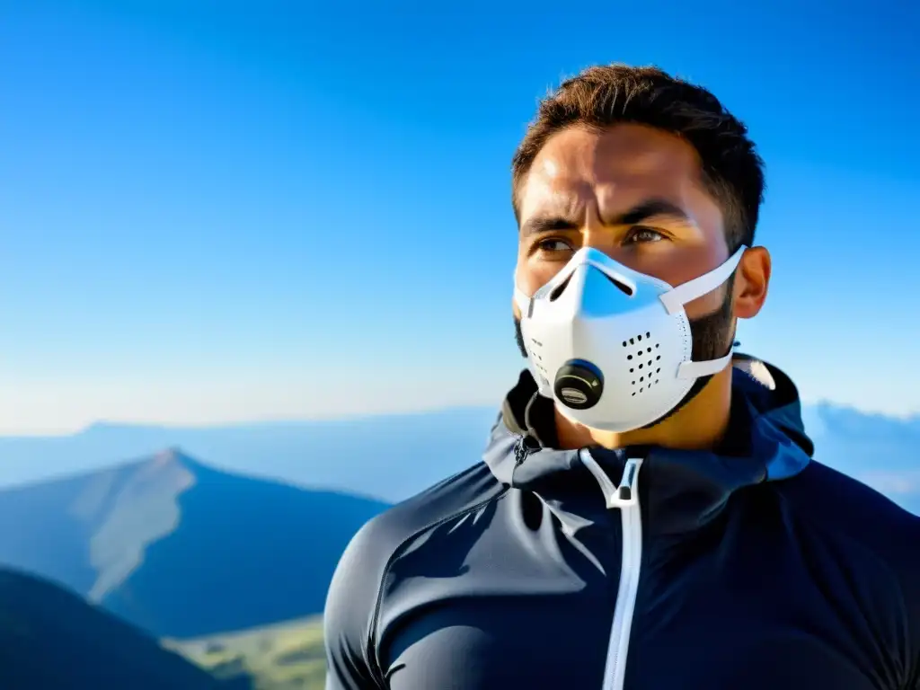 Un atleta profesional en la cima de una montaña, usando una máscara respiratoria y mostrando determinación