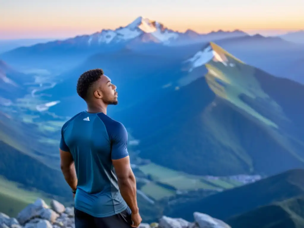 Un atleta profesional en la cima de una montaña, respirando conscientemente mientras sale el sol