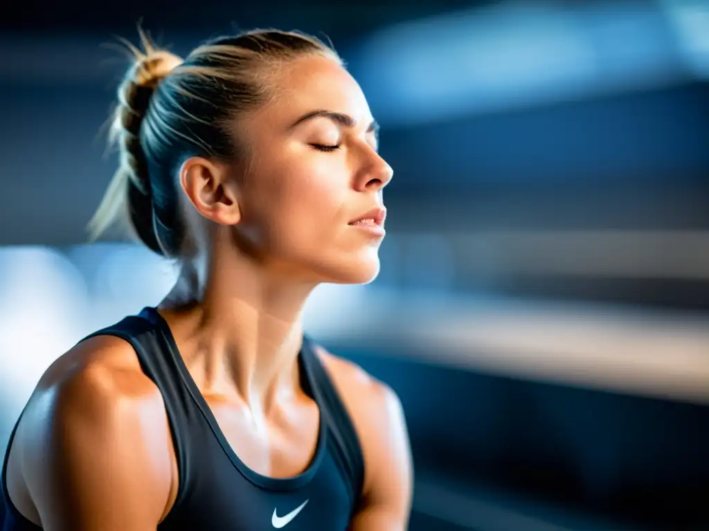 Un atleta profesional se concentra antes de la competencia, practicando estrategias de marketing respiración deportistas en un moderno centro de entrenamiento