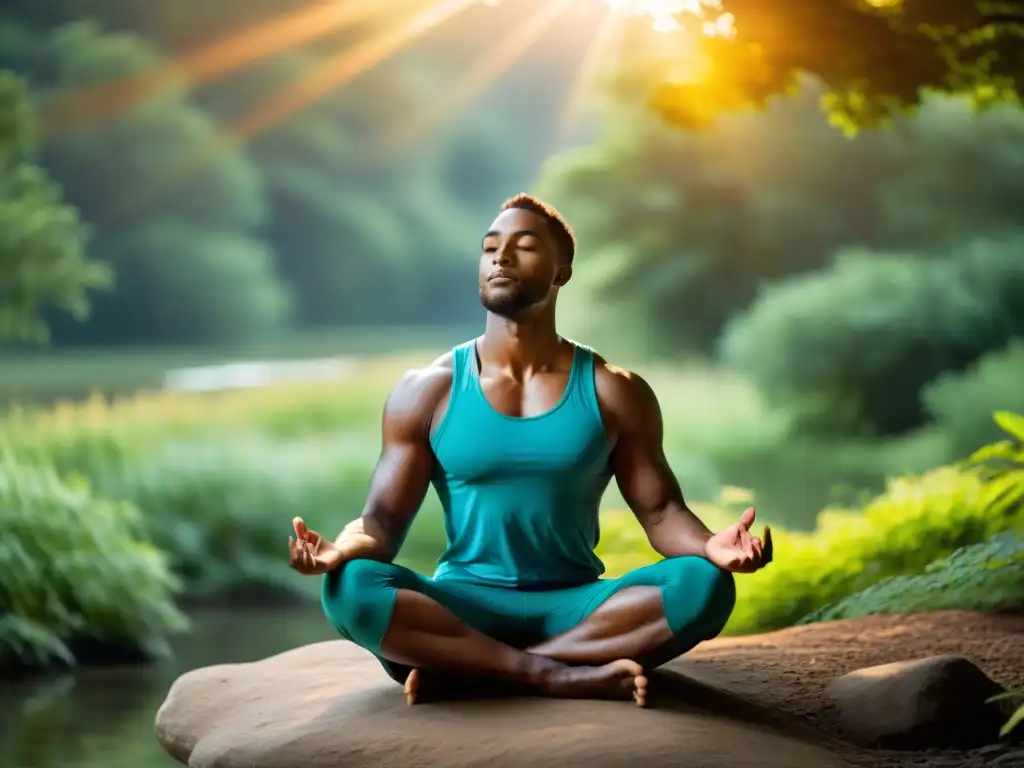 Un atleta profesional practica respiración consciente para reducir ansiedad, en medio de la naturaleza serena