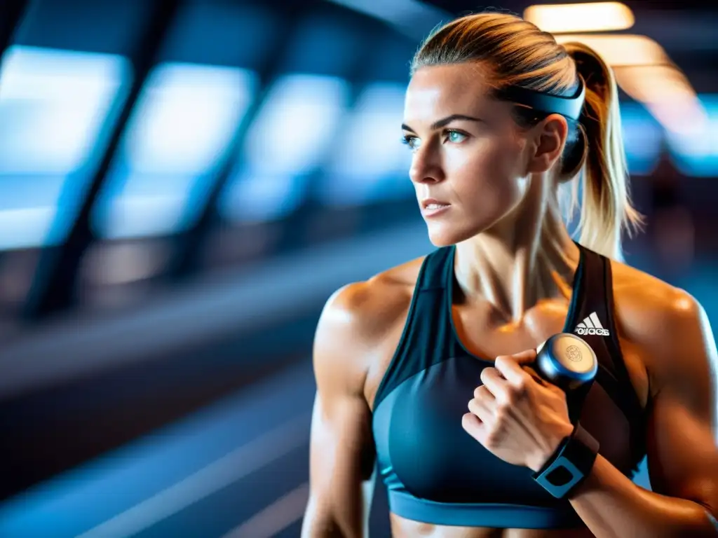 Un atleta profesional usa un dispositivo futurista para respiración asistida durante un intenso entrenamiento en un moderno gimnasio