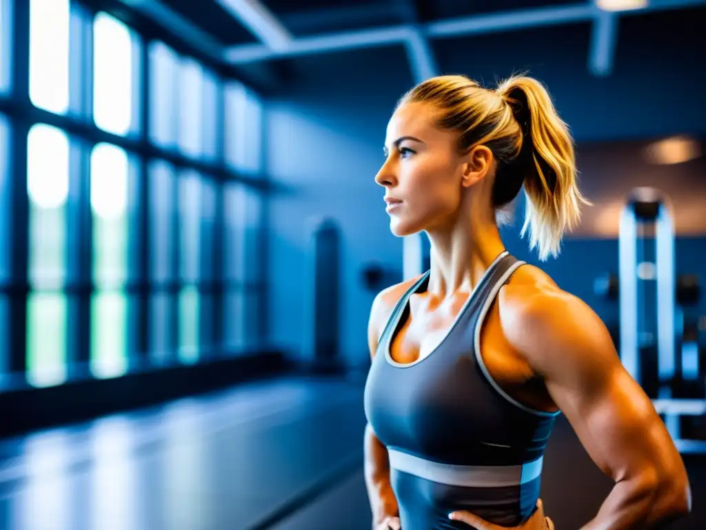 Un atleta profesional realiza ejercicios de respiración diafragmática en un gimnasio moderno, mostrando determinación