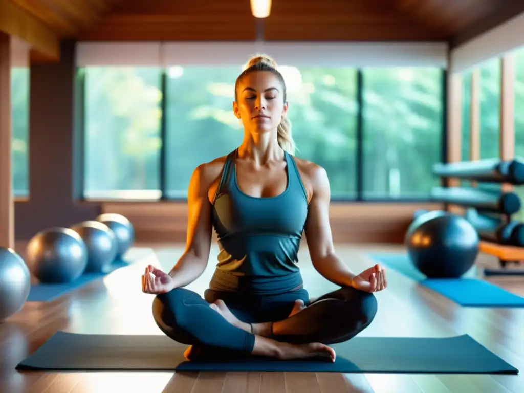 Un atleta profesional practica ejercicios de respiración en un estudio de yoga, rodeado de equipo moderno