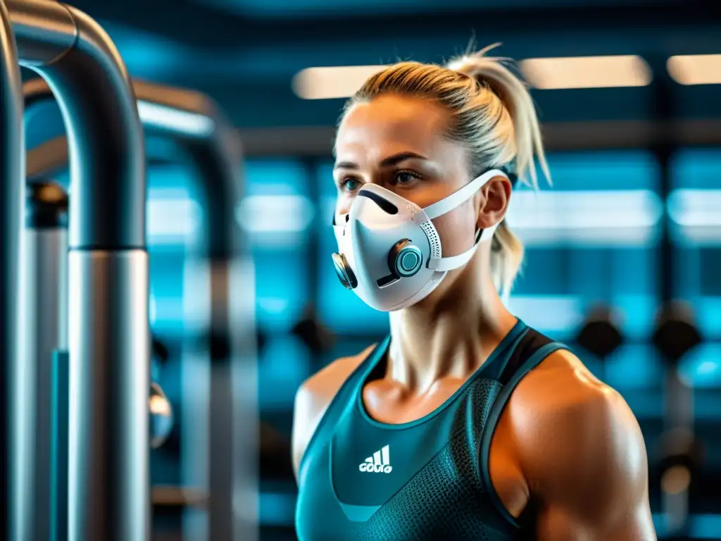 Un atleta profesional usando una máscara de entrenamiento pulmonar en un gimnasio futurista