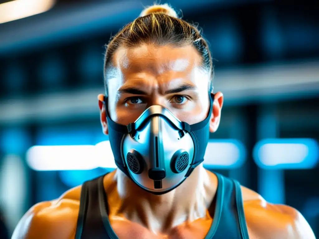 Un atleta profesional usando una máscara de respiración durante un intenso entrenamiento