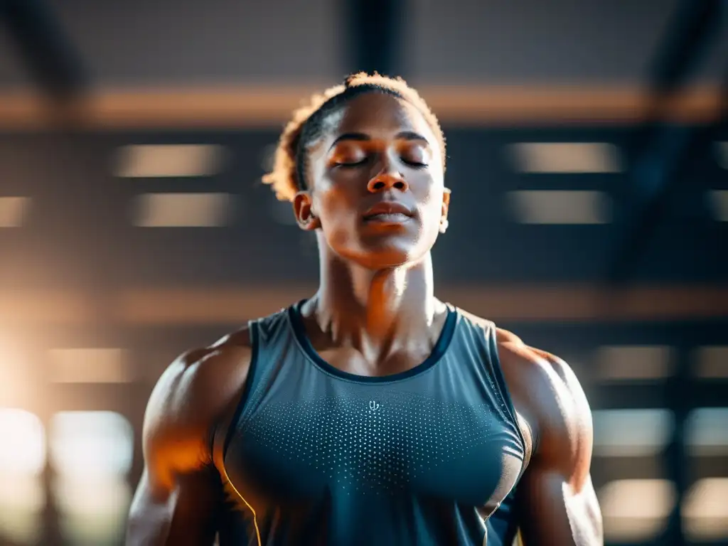 Un atleta profesional en un moderno gimnasio, con expresión concentrada y rodeado de una suave luz etérea