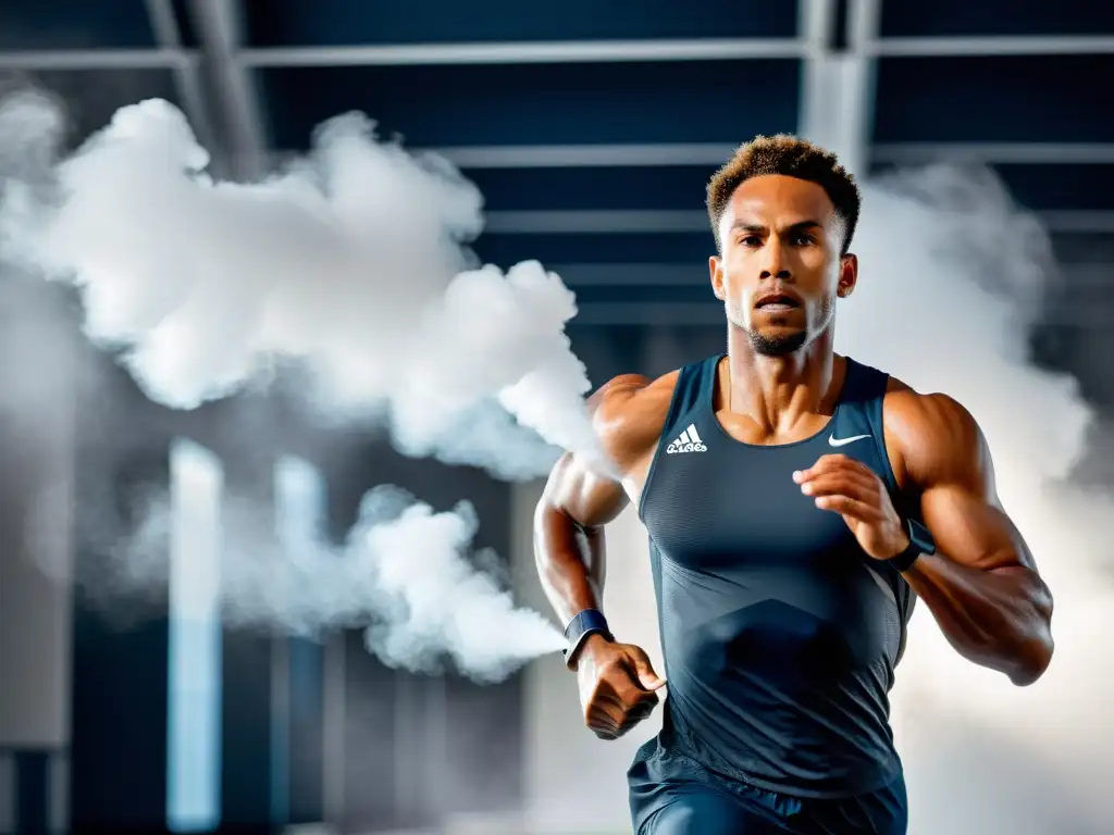 Un atleta profesional en pleno esfuerzo, con un moderno humidificador de fondo, rodeado de una suave neblina