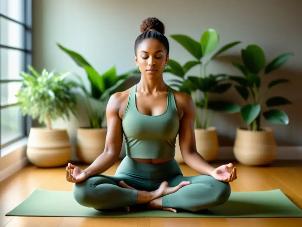 Un atleta profesional en una postura de yoga concentrada, rodeado de luz suave y plantas verdes