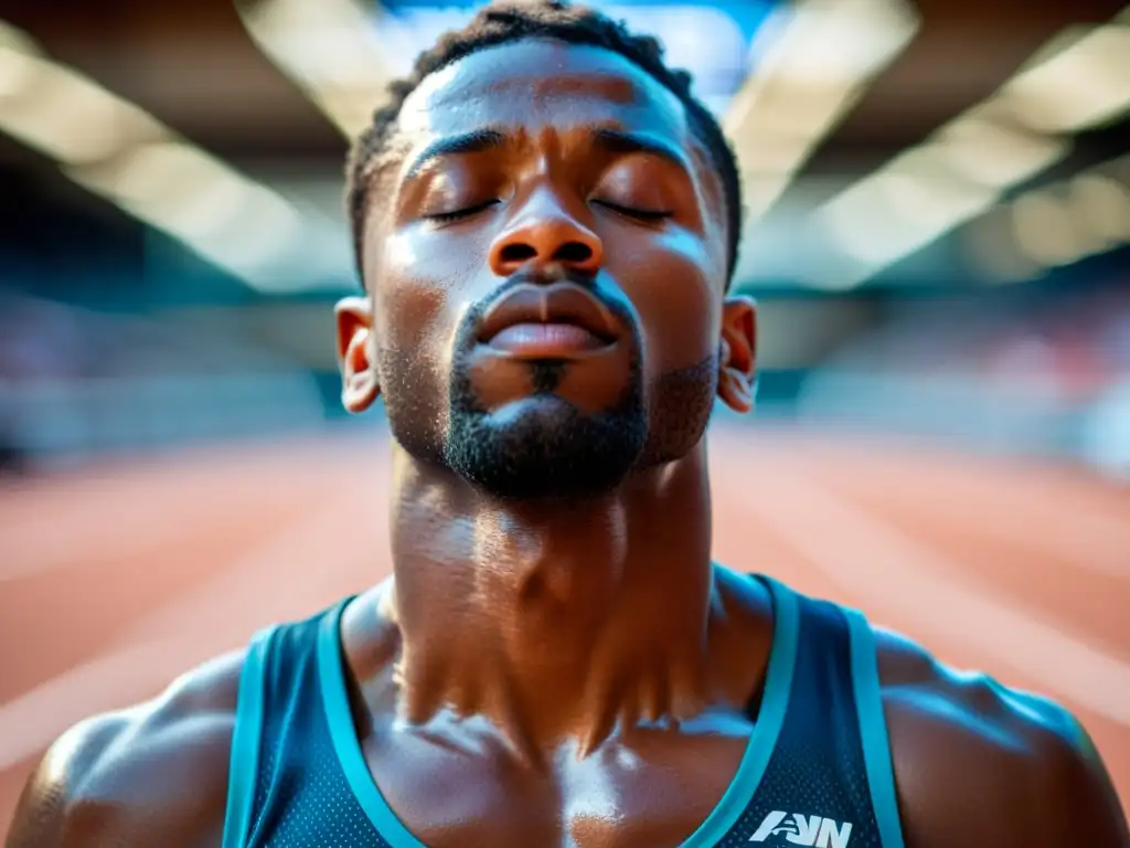 Un atleta profesional se enfoca en su respiración consciente para mejorar su rendimiento pulmonar en un moderno centro de entrenamiento