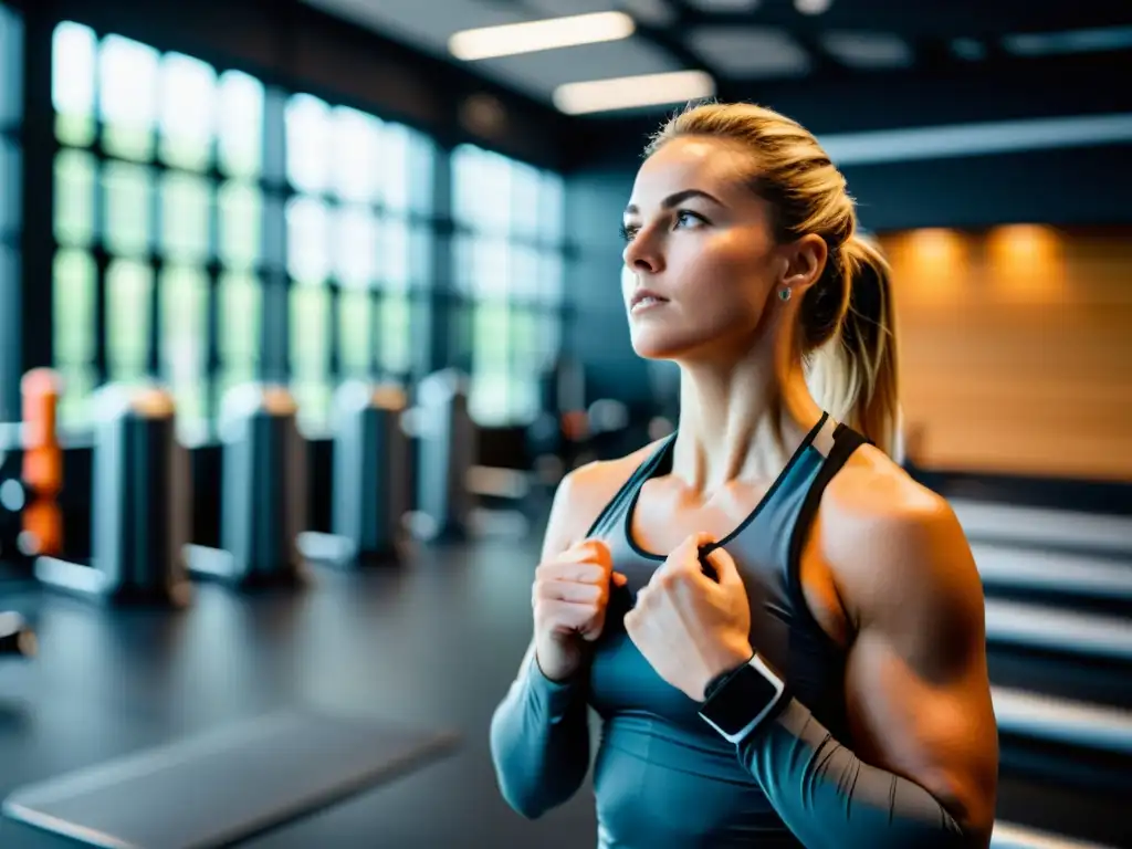 Un atleta profesional practica la respiración diafragmática en un gimnasio moderno