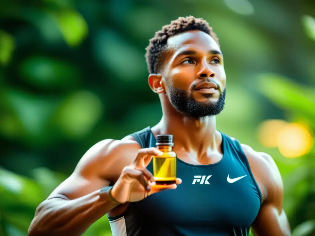 Un atleta profesional en ropa deportiva sostiene una botella de aceite esencial, rodeado de exuberante vegetación