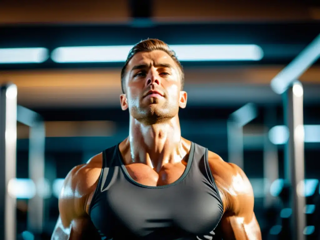 Un atleta profesional demuestra técnicas de respiración en un gimnasio moderno