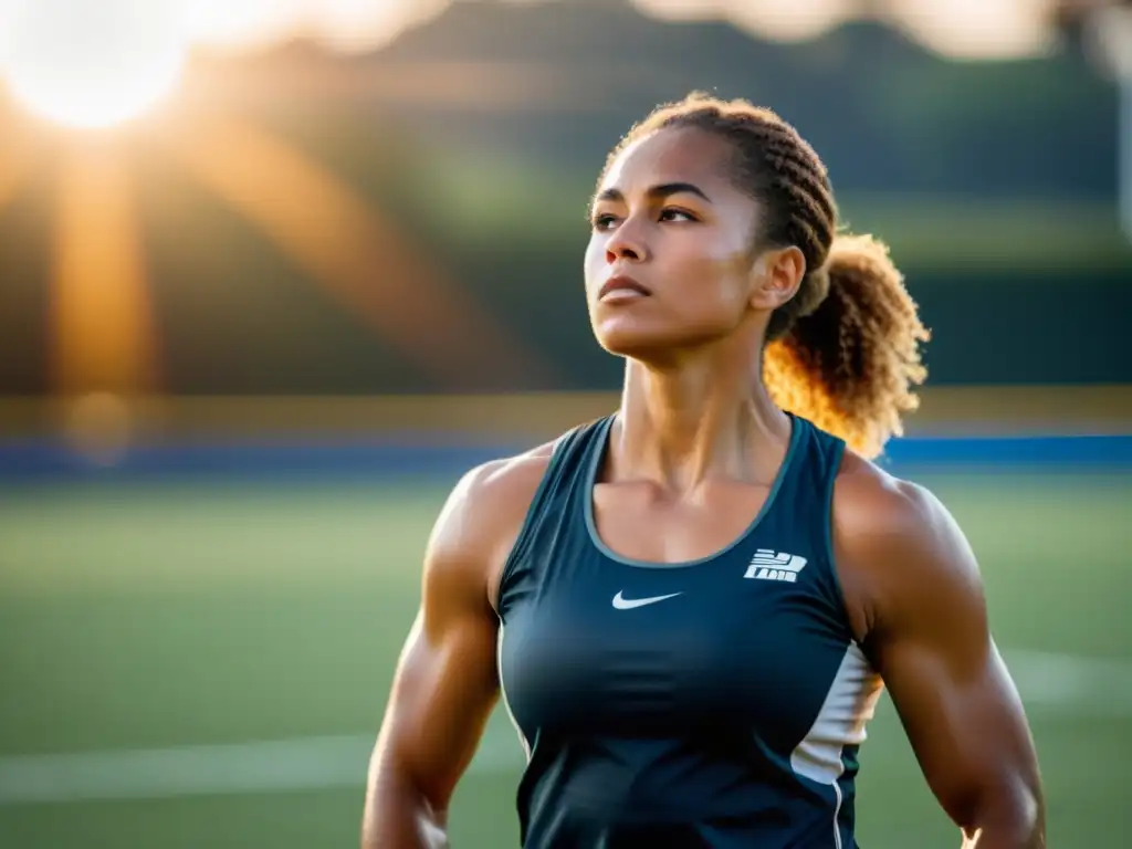 Un atleta profesional practica técnicas de respiración para rendimiento deportivo en un campo, mostrando concentración y determinación