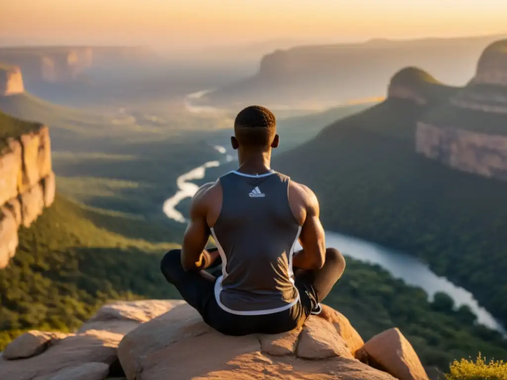 Un atleta profesional en meditación usando técnicas de respiración para rendimiento deportivo, en un acantilado al amanecer