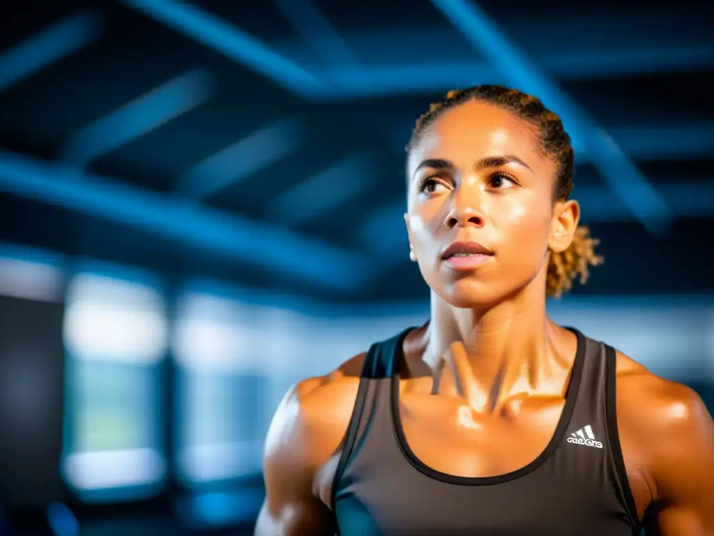 Un atleta profesional se concentra en técnicas de respiración especializadas en un moderno y elegante gimnasio