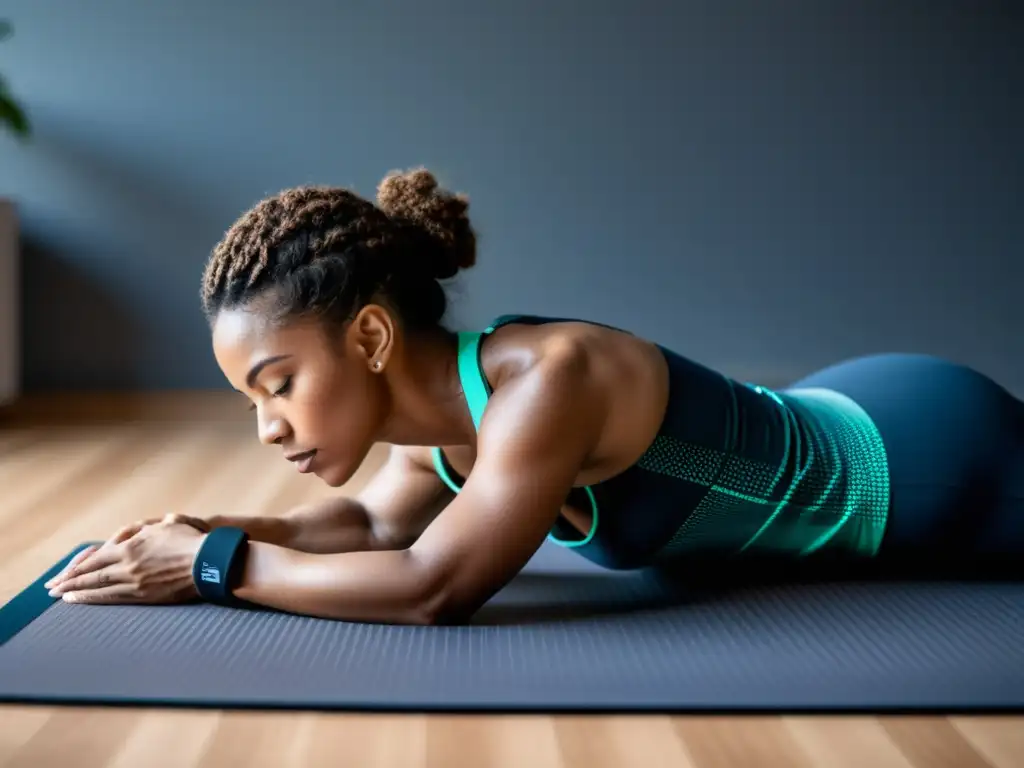 Un atleta profesional practicando técnicas respiratorias en una moderna esterilla de yoga, con un monitor cardíaco