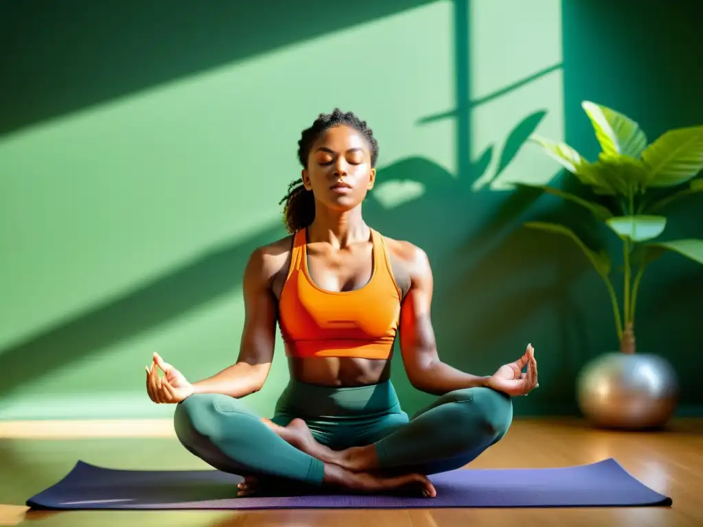 Un atleta profesional practica técnicas respiratorias psicología deportiva en un estudio iluminado, rodeado de vegetación, con calma y determinación