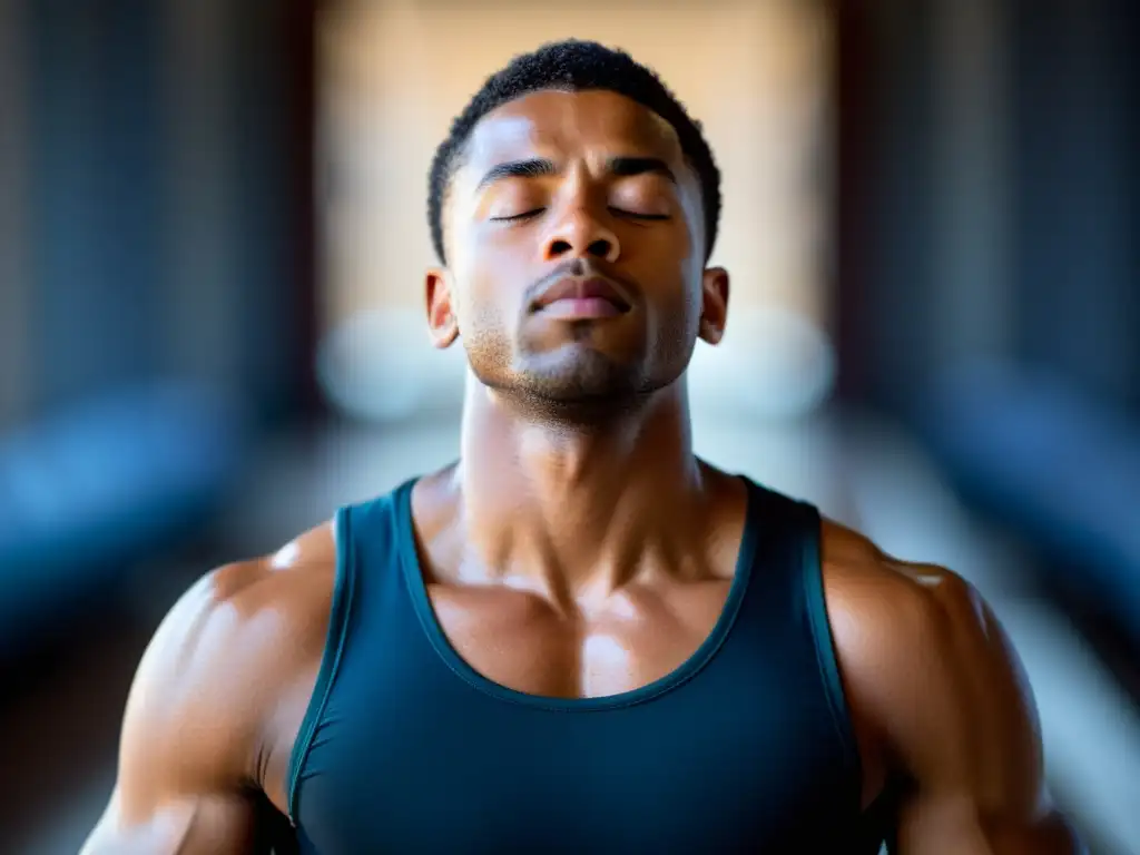 Un atleta profesional practica técnicas respiratorias en meditación, mostrando serenidad y concentración