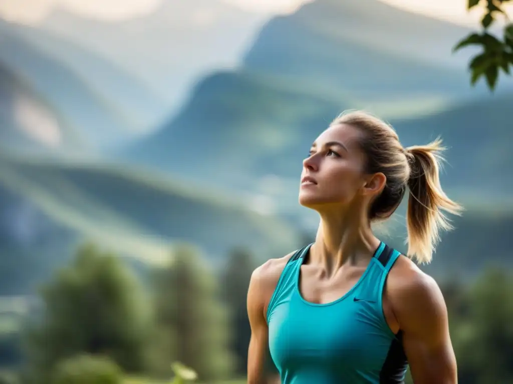 Un atleta en profunda concentración realiza ejercicios de respiración, rodeado de luz suave