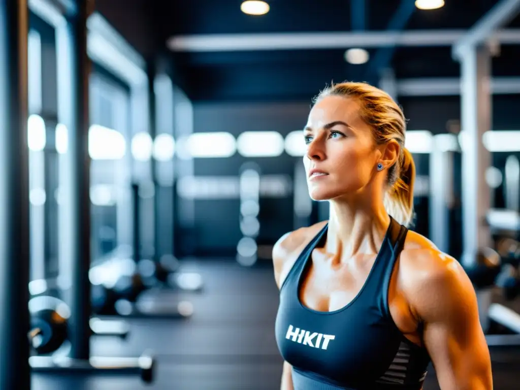 Un atleta se concentra en su respiración durante un intenso entrenamiento HIIT en un gimnasio moderno