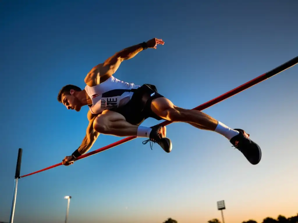 Un atleta de salto de pértiga se eleva en el aire, concentrado y decidido, bañado por la cálida luz de la tarde