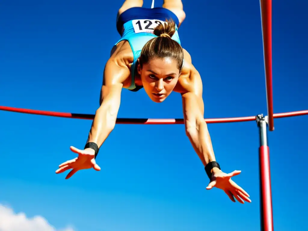 Un atleta realizando un salto de pértiga con determinación y fuerza, bajo un cielo azul claro