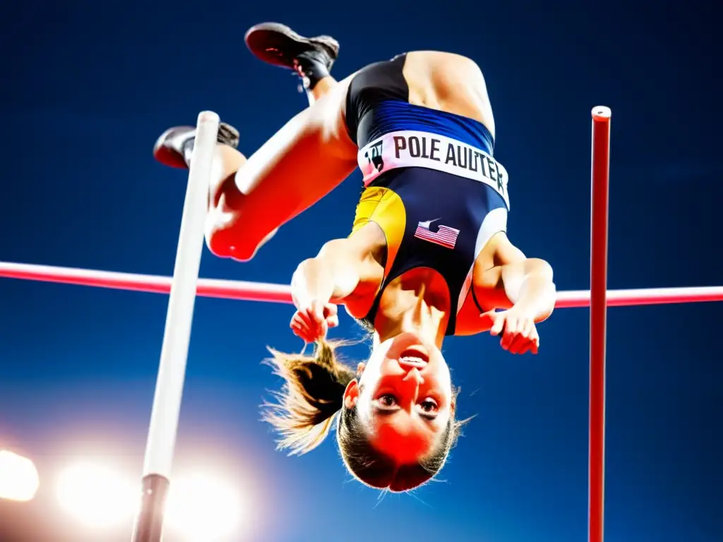 Una atleta de salto de pértiga en pleno salto, con una expresión de determinación