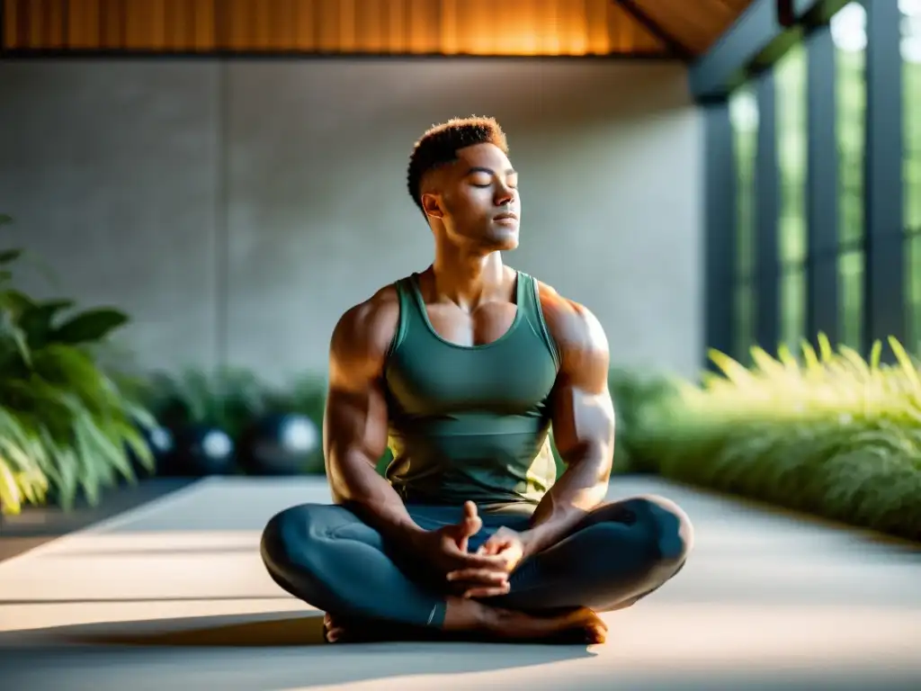 Un atleta tranquilo practica respiración consciente para reducir ansiedad, rodeado de vegetación en un moderno centro de entrenamiento