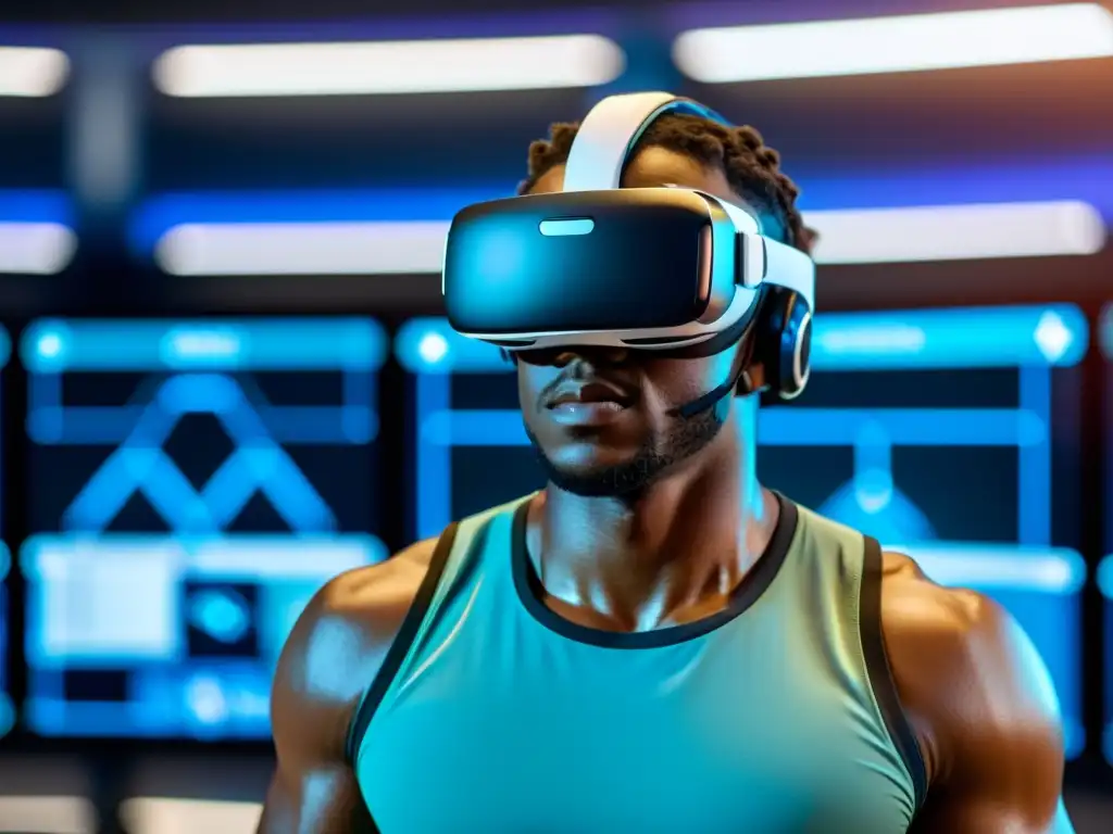 Un atleta usando un visor de realidad virtual para entrenamiento respiratorio en un centro de alta tecnología