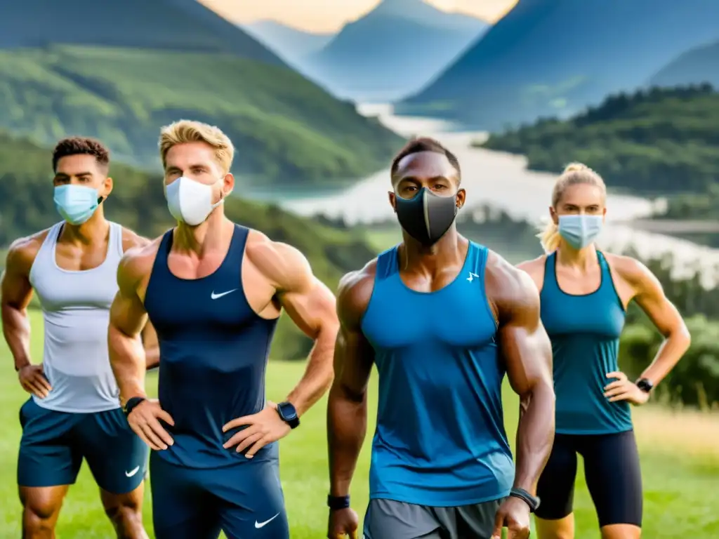 Atletas de alto nivel usando máscaras de respiración deportiva en entrenamiento al aire libre, combinando tecnología y naturaleza