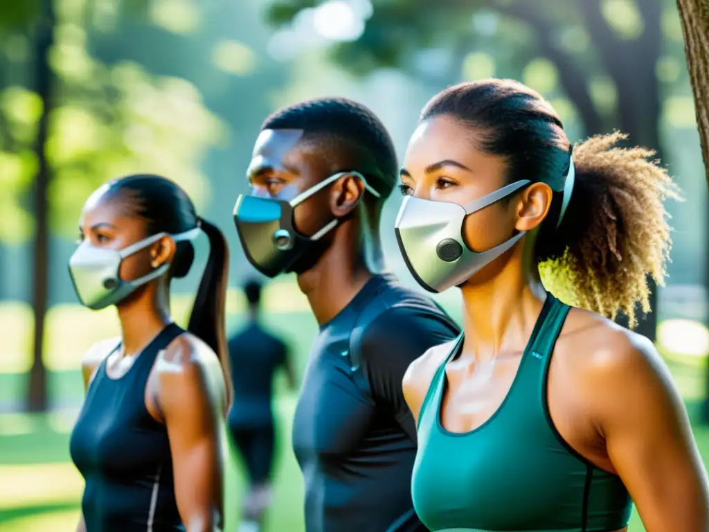 Atletas con máscaras futuristas entrenan al aire libre en un parque verde, destacando la importancia de la calidad del aire para el ejercicio