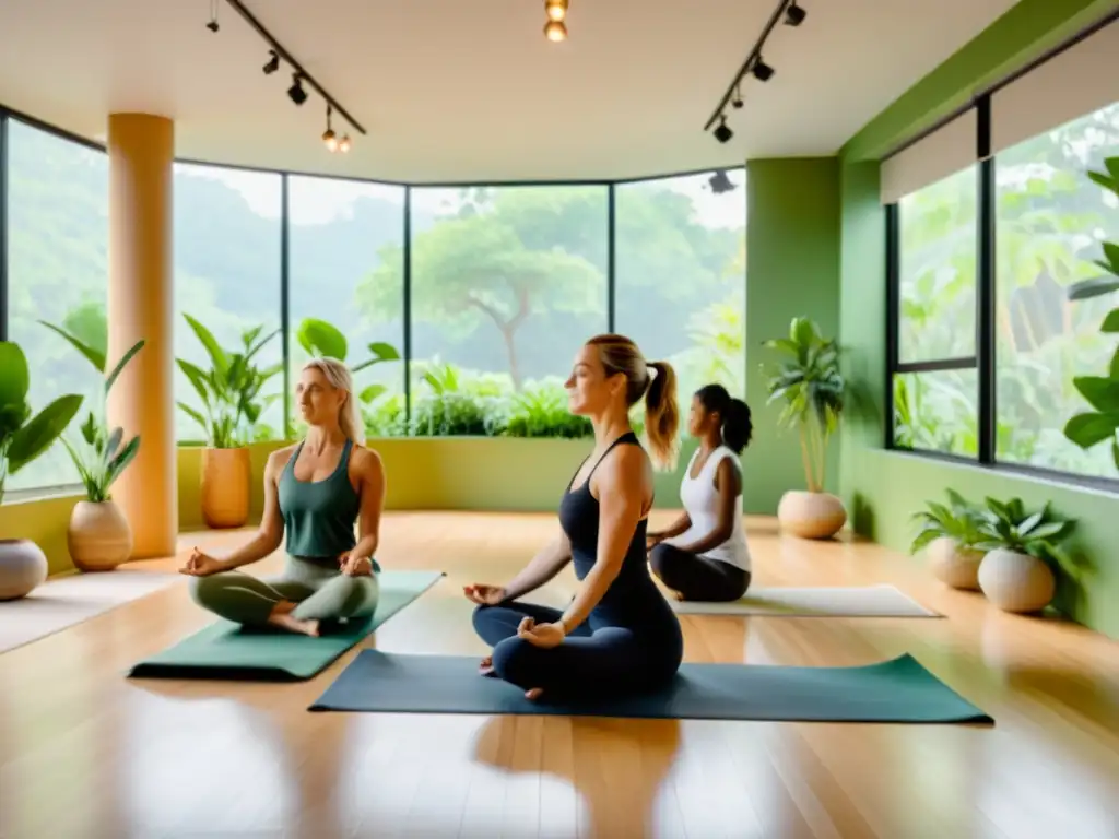 Una atmósfera tranquila y sanadora en un estudio de yoga, con prácticas de respiración para tuberculosis y ejercicios suaves