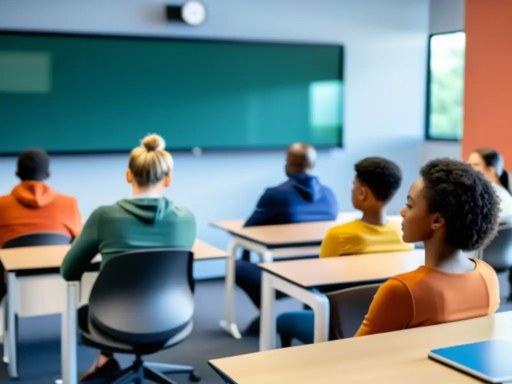 Un aula en línea serena con estudiantes diversos practicando pausas activas de respiración, reflejando los beneficios del elearning