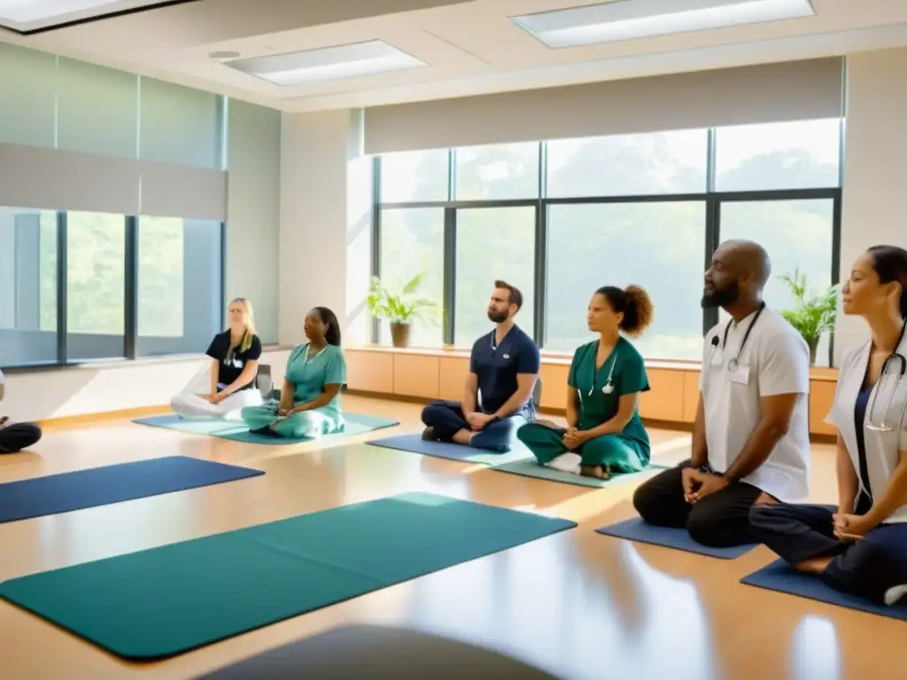 Un aula médica moderna y serena con profesionales practicando técnicas de respiración consciente, creando una atmósfera colaborativa y profesional