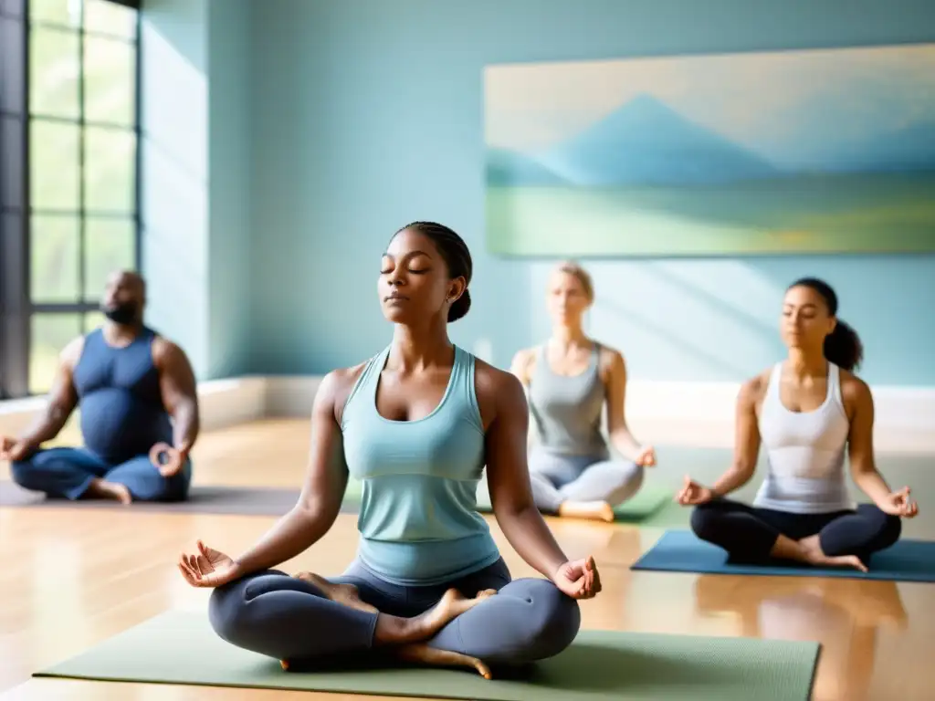 En un aula moderna, adultos diversos practican respiración consciente en un taller interactivo de bienestar