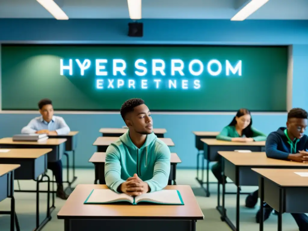 Un aula moderna y serena con estudiantes diversos practicando técnicas de respiración, destacando módulos de aprendizaje online en la pared