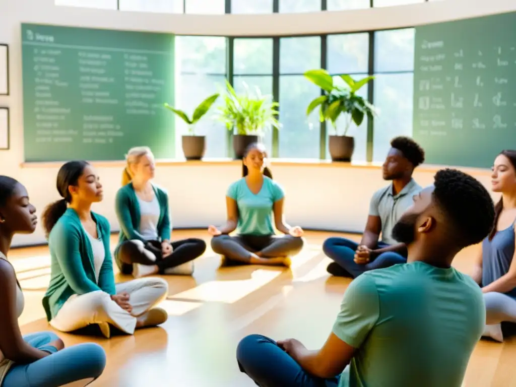 Un aula tranquila con estudiantes practicando ejercicios de respiración consciente