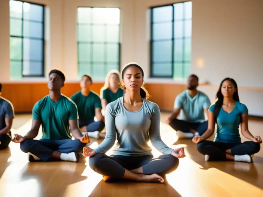 Aula tranquila con luz natural, estudiantes concentrados en técnicas de respiración para mejorar concentración