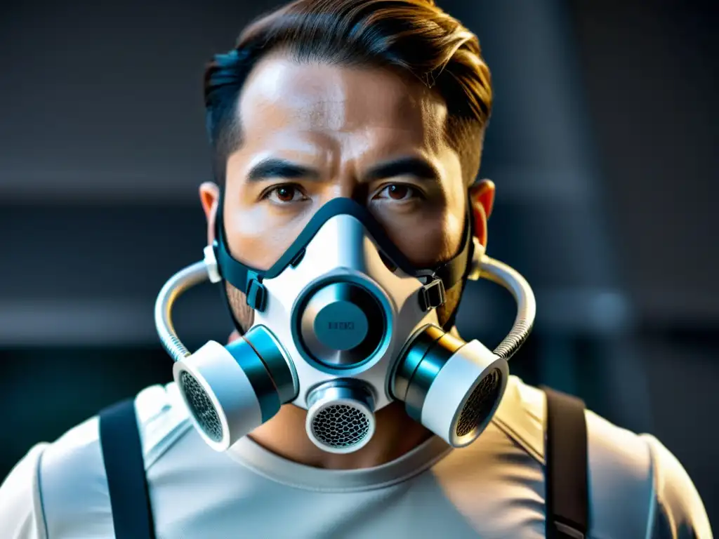 Respirador exoesqueleto: tecnología futurista 8k Avances en exoesqueletos respiratorios: Imagen detallada de un respirador futurista, con diseño ergonómico e innovador sistema de ventilación