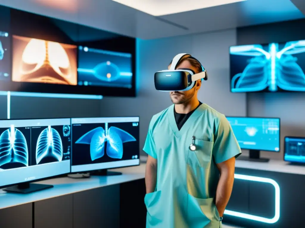 Avances en Realidad Virtual Diagnóstico Respiratorio: Paciente usa VR mientras médicos monitorean la respiración en moderna instalación médica