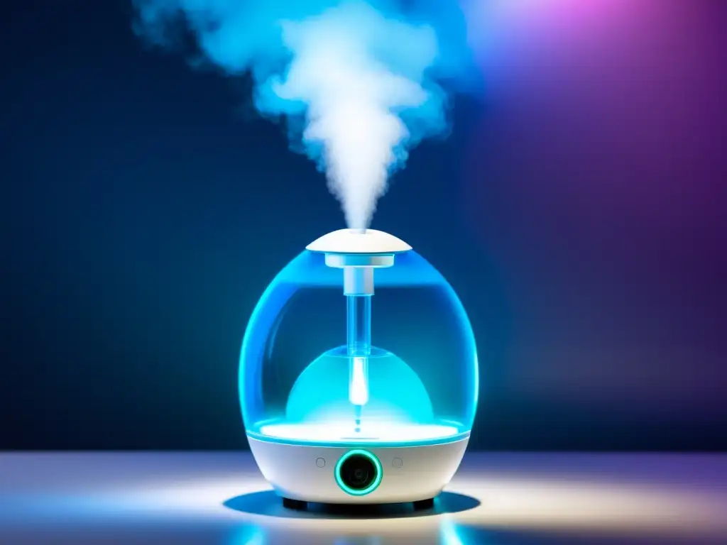 Avanzada tecnología en administración de medicamentos con aerosoles, nebulizador emitiendo partículas iluminadas en un elegante espectáculo visual