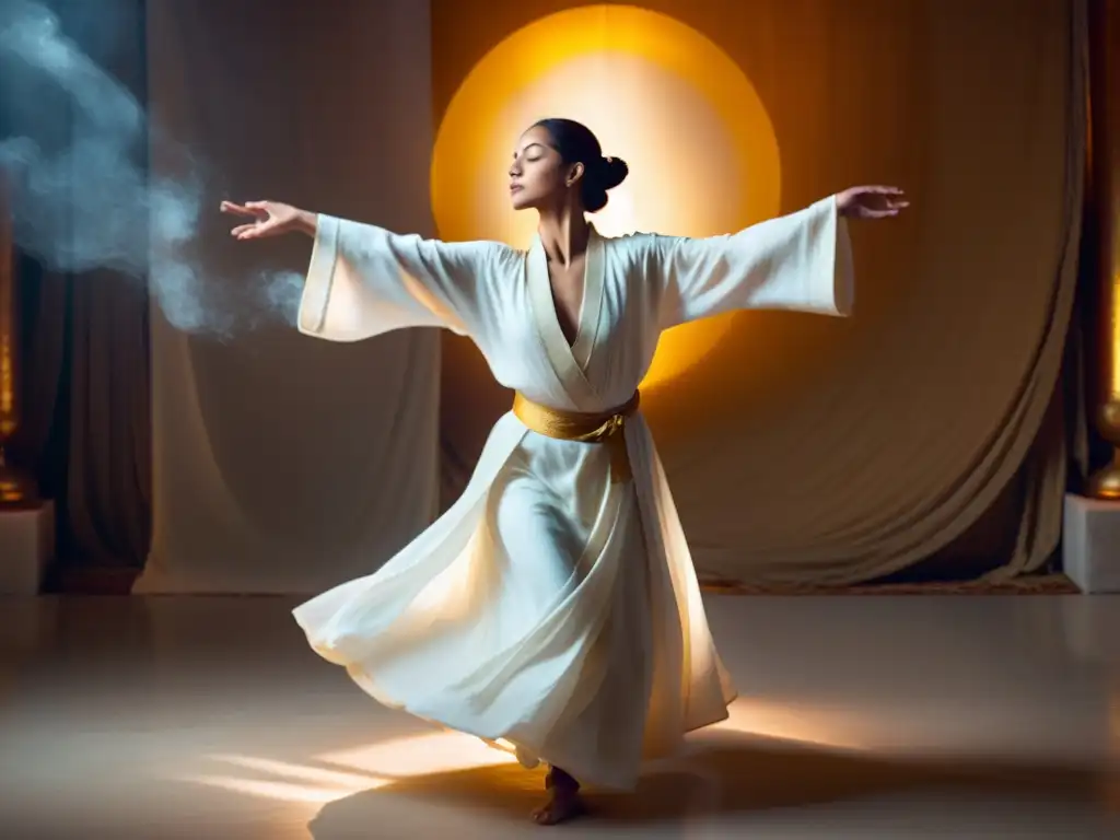 Un bailarín sufí en trance, con túnica blanca flotante, rodeado de luz dorada