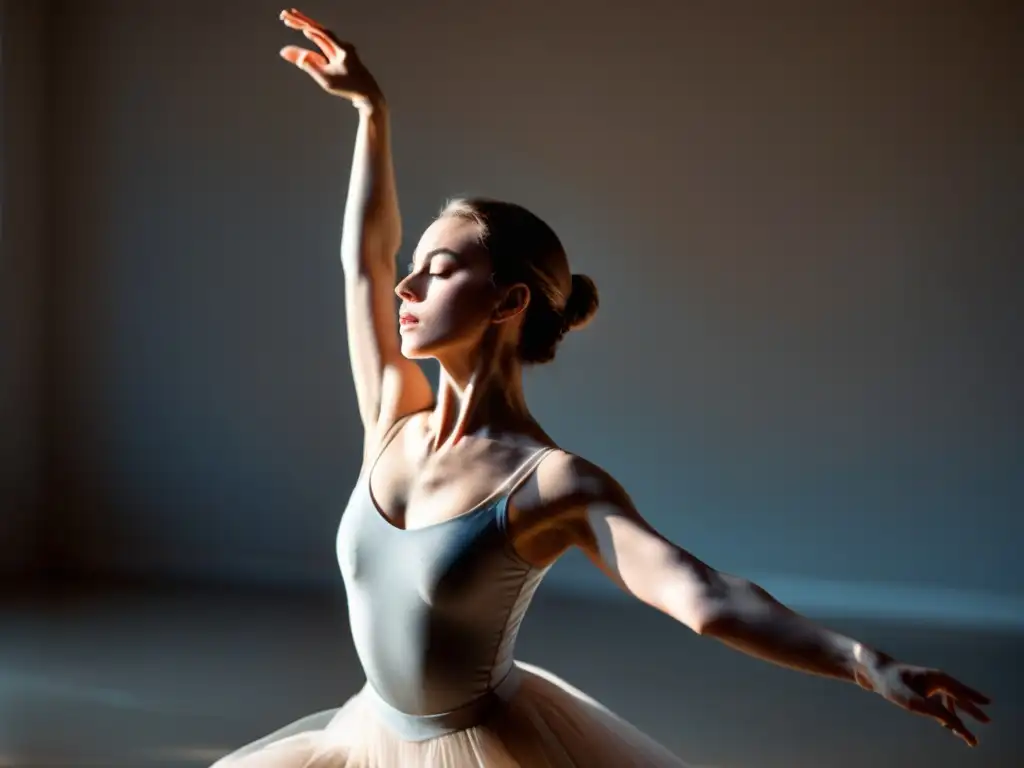 Una bailarina de ballet en una grácil pose árabe, con los ojos cerrados y una expresión serena