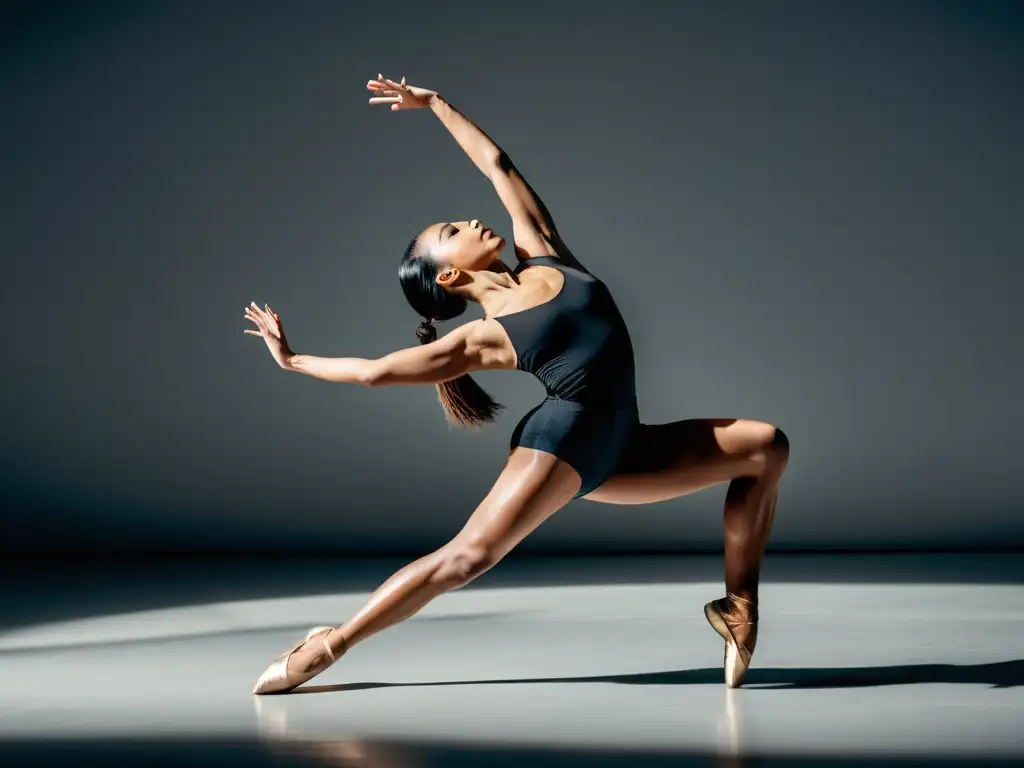 Una bailarina profesional realiza un salto en el estudio, demostrando la coordinación entre respiración y movimiento