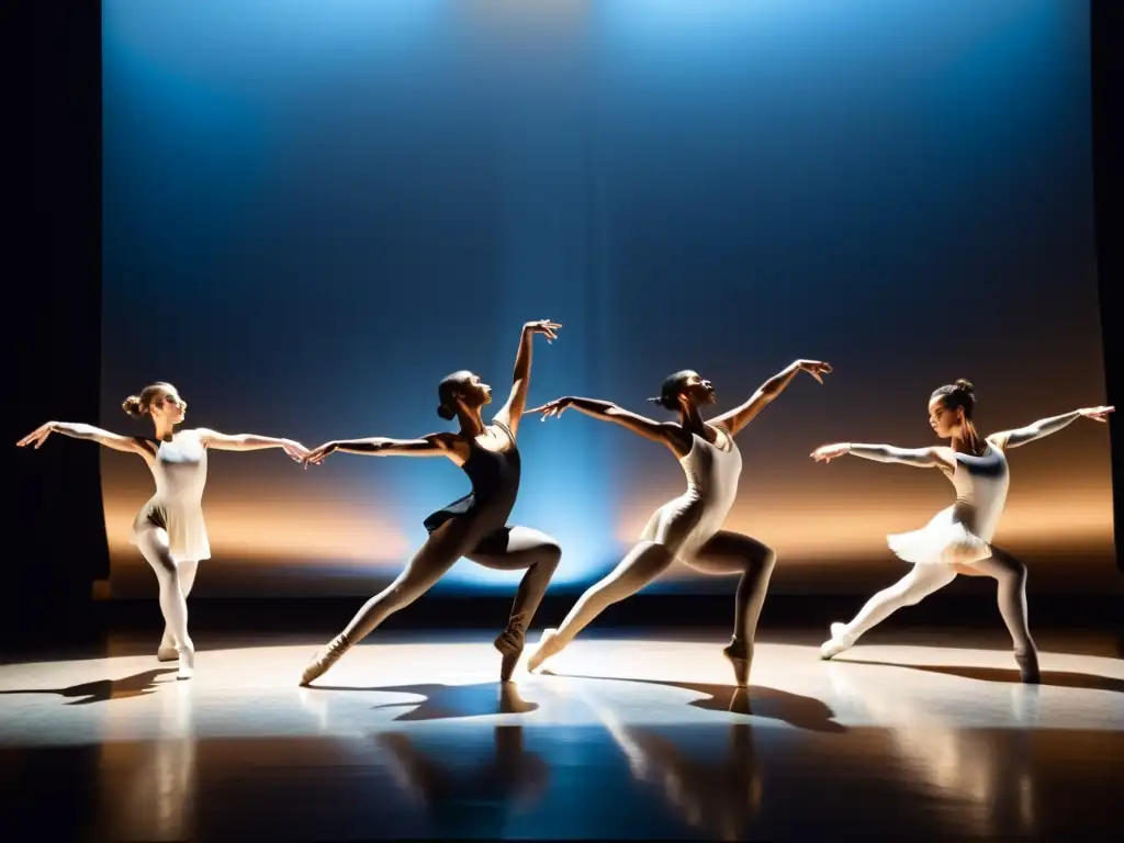 Bailarines contemporáneos en un escenario iluminado, realizando una impresionante rutina que mejora la respiración con gracia y poder controlado