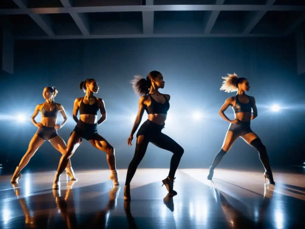 Bailarines ejecutan movimientos de alta energía en un estudio, mostrando técnicas de respiración para bailarines