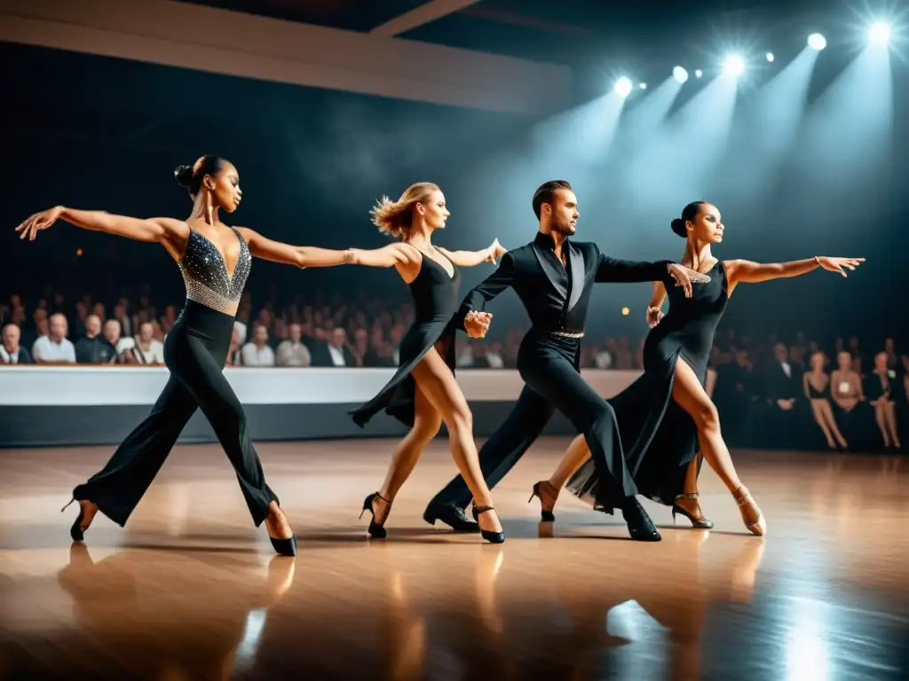 Bailarines de salón profesionales en perfecta sincronía, exhibiendo fuerza, gracia y coordinación en el baile deportivo, destacando la importancia de la respiración para la coordinación en el baile