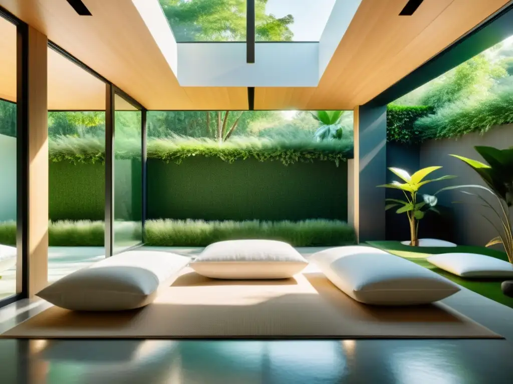 Un balneario moderno con áreas de meditación rodeadas de naturaleza exuberante y luz natural, creando un ambiente tranquilo