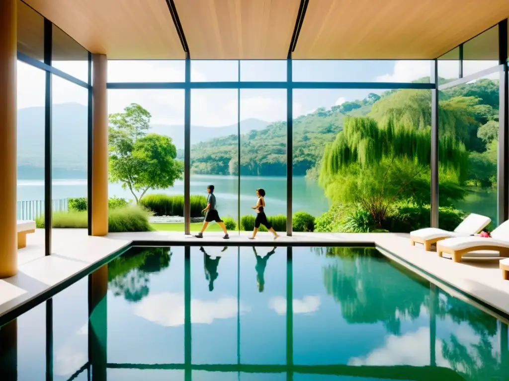 Un balneario moderno rodeado de exuberante vegetación, con un centro de terapia respiratoria de vanguardia y vistas panorámicas a un lago tranquilo